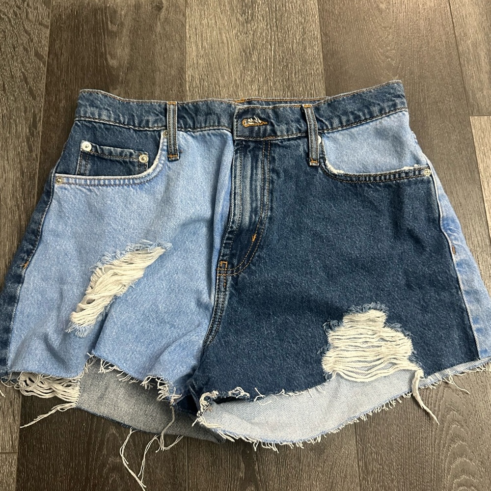 Two-Tone Distressed Denim Shorts